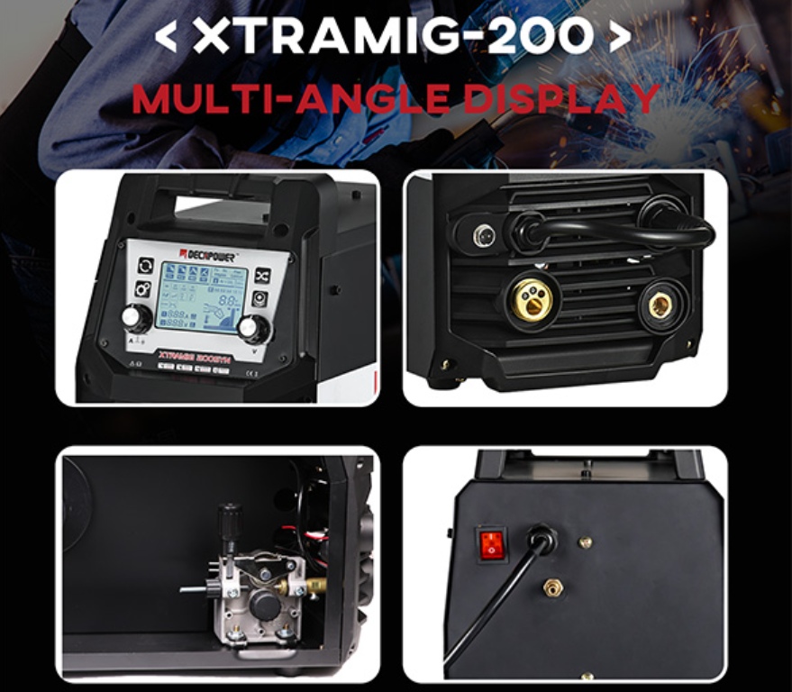 Decapower multi-process welding system with 4-roller wire feeder and 4-inch LCD screen